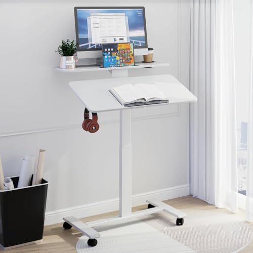 Pneumatic Standing Desk with Wheels - Adjustable Height 28" - 46" & 0-90° Tilt, 31.5" x 17.7" Skin-Feel Desktop, Rolling Computer Desk for Home Office, Hospital, School (White) - color: White