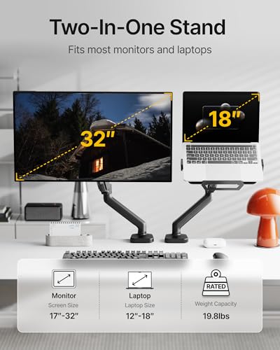 monTEK 2-in-1 Laptop & Monitor Desk Mount, Fits 12–18"Laptops & 32" Screens | 2-in-1 Desk Mount with Removable Vented Laptop Tray, Full Motion Arm with Clamp/Grommet Base, 75/100 VESA Mount - style: Single Arm