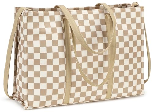 BTOOP Work Tote Bag for Women, Laptop Tote Bag With 15.6 Inch Padded Compartment, Teacher Nurse Bible Bags - color: B-checkered Brown
