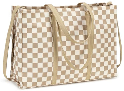 BTOOP Work Tote Bag for Women, Laptop Tote Bag With 15.6 Inch Padded Compartment, Teacher Nurse Bible Bags - color: B-checkered Brown