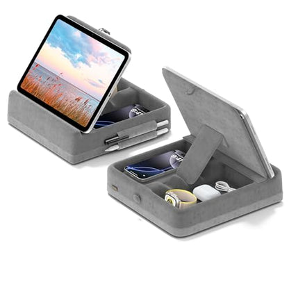 KDD Tablet Pillow Stand with Storage, Foldable iPad Holder for Bed, Lap and Desk, Angle Adjustable Soft Pad Dock with Stylus Mount Compatible with Ipad Pro 12.9, 10.5, 11, Air, Mini, Phones, Books - color: Light Grey