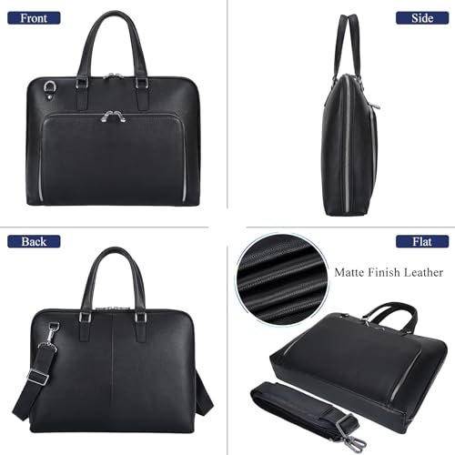 Masa Kawa Black Leather Slim Briefcase for Men Women Fits 15.6-16 Inch Laptop Professional Business Messenger Crossbody Shouder Bag Lawyer Ladies Office Work Brief Attche Case, Large