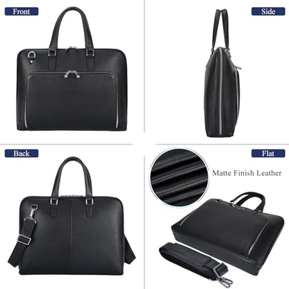Masa Kawa Black Leather Slim Briefcase for Men Women Fits 15.6-16 Inch Laptop Professional Business Messenger Crossbody Shouder Bag Lawyer Ladies Office Work Brief Attche Case, Large
