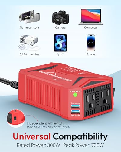 BESTEK Pure Sine Wave Power Inverter - 300W Car Plug in Charger Outlet DC 12V to 110V AC - Cigarette Lighter Adapter 4.8A Dual USB Fast Charging Ports for Laptop - Aluminum Housing - Red | Vehicle Plug in Cigarette Lighter Outlet Solar Inverter, 4.8A Dual