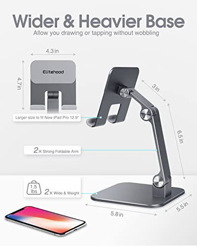 elitehood Aluminum iPad Stand, Adjustable iPad Holder for Desk, Desktop Tablet Stand Dock for Pro 13 12.9 11 Air Mini 4 5 and More 4-13 inches Tablets, Gray - color: Gray
