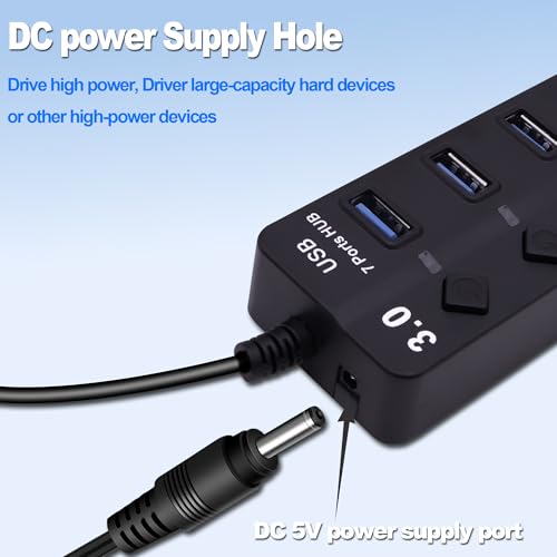 7-Port USB 3.0 Hub Multi Functional 1 to 4 Splitter 5Gbps Data Transfer USB 3.0 Extender with Individual LED Power Switches, for Laptop,PC,Flash Drive,HDD (USB HUB 7 Ports)
