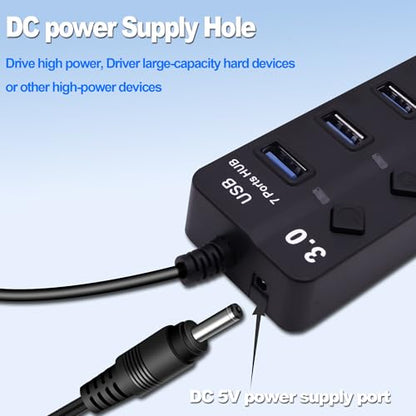 7-Port USB 3.0 Hub Multi Functional 1 to 4 Splitter 5Gbps Data Transfer USB 3.0 Extender with Individual LED Power Switches, for Laptop,PC,Flash Drive,HDD (USB HUB 7 Ports)