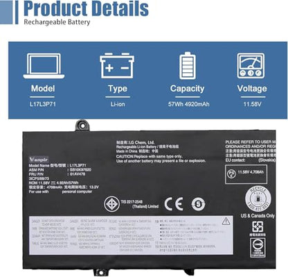 L17L3P71 01AV478 Laptop Battery Compatible with Lenovo ThinkPad T480s Series Notebook 01AV479 L17M3P71 L17S3P71 SB10K97621 11.58V 57Wh 4920mAh 3-Cell - size: 10.50*3.52*0.25 inch L17L3P71