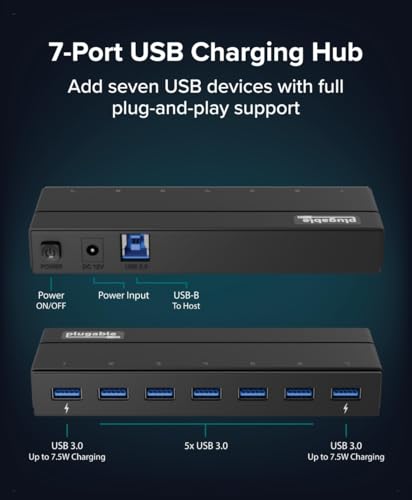Plugable 7-Port USB 3.0 Hub with 36W Power Adapter - Driverless - Effortlessly Connect Devices and Transfer Data at High Speeds