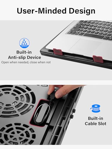 Kootek Laptop Cooling Pad Cooler Stand with 5 Quiet Fans for 12"-17" Laptop | 5 Fans, USB Powered, Laptop Cooling Stand with 2 USB Hub, 6 Adjustable Height, 360° Cooling Coverage, Anti-Slip, Red LED - color: Red
