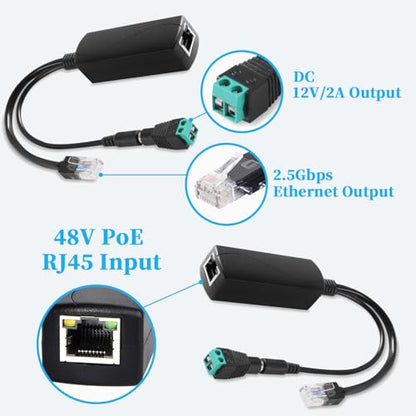 2.5G Ethernet PoE Splitter 12V/2A with DC Female Connector, DC 5.5 * 2.1mm Plug, 48V PoE to DC 12V/2A 24W Output, Compliant with IEEE 802.3af/at for DIY & Various Scenarios (PS5712TG-B) - style: (PS5712TG-B) 12V/2A with Female Connector