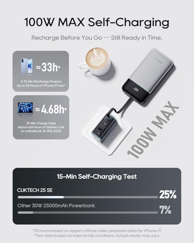 CUKTECH 25,000mAh Power Bank, 100W Max Portable Charger with Built-in USB-C Cable, Fast Charging External Battery Pack for MacBook Pro/Air, iPhone 17/16/15 Series, Samsung, Pixel, Airline Approved