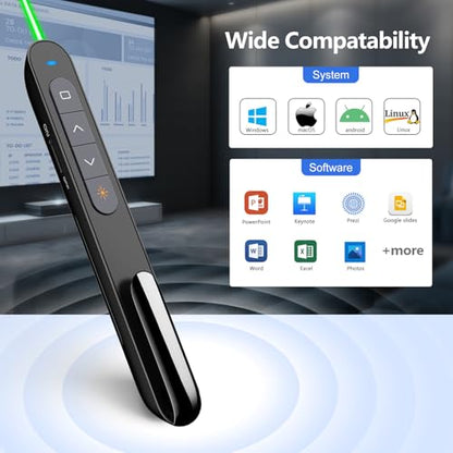 N76 Rechargeable Presentation clicker for PowerPoint Presentations | Presentation Remote with Green Laser, Long Range Wireless Presenter, USB-A Slide Advancer with Mac/Windows/Linux/Android - color: Green - Rechg. - USB-A