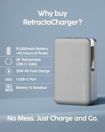 myCharge RetractaCharger 10000mAh Power Bank – 28" Retractable USB-C Cable | 30W PD Fast Charging | Digital Battery Display | USB-C/A Ports | Up to 60 Hrs Extra Power | Premium Grey Fabric - color: No Wall Plug