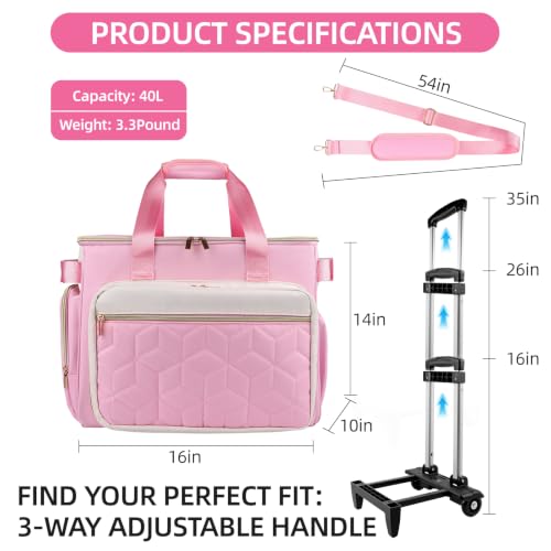 Rolling Teacher Bag, Fits 15.6" Laptop, With Cart,off-white pink | 4 Ways To Carry, 40L Large Cap, 1680 Oxford Puncture Resistant, Reinforced Design, Not Easy Collapse