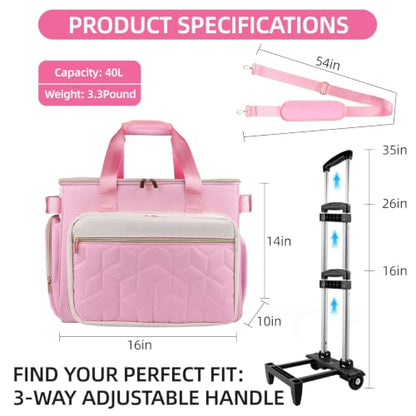 Rolling Teacher Bag, Fits 15.6" Laptop, With Cart,off-white pink | 4 Ways To Carry, 40L Large Cap, 1680 Oxford Puncture Resistant, Reinforced Design, Not Easy Collapse