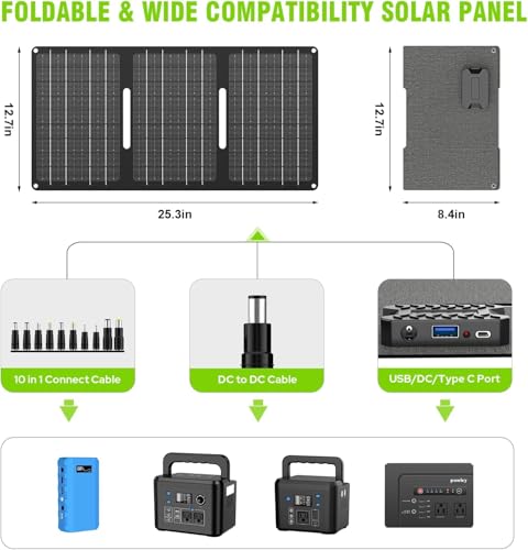 Powkey 24000mAh Portable Power Station with Panels Included 30W | Powkey 86Wh Solar Generator with AC Outlet 120V, Lithium Battery Rechargeable Powered Bank with 65W AC Outlet for Emergency - color: Green+black