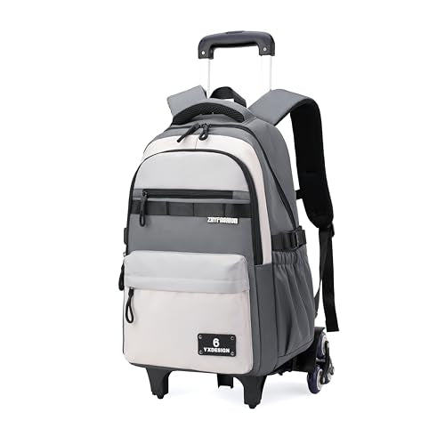 ZHANAO Rolling Backpack for Boys Color-blocking Schoolbag for Middle School Students Trolley Bookbags for Elementary Boys - color: Grey-6 Wheels