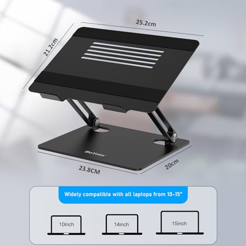 BoYata Laptop Stand, Adjustable Metal Desktop Riser, Up to 15 Inches, Black | Slide-Proof Silicone Pads and Protective Hooks Provide Stable Support for MacBook, Notebooks and Laptops up to 15 Inches - color: Black