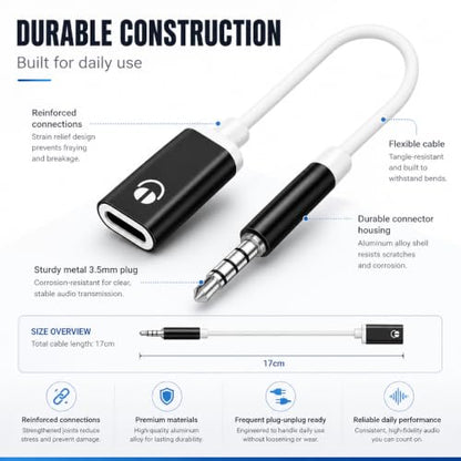 USB C to 3.5mm Analog Audio Adapter, Pure Analog Signal Headphone Converter with Noise Cancellation for Type-C Devices (Black)