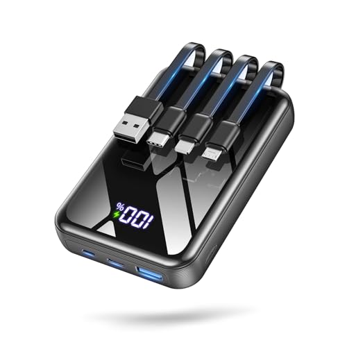 Portable Charger Power Bank 50000mAh, 22.5W Fast Charging & 50% Smaller Battery Pack with Built-in Cables, Travel Camping 4 Outputs, LED Display for iPhone, Android, iPad, Black