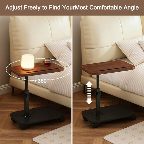 Adjustable Height TV Tray Table with Wheels, C Shaped End Side Table & Phone Tablet Slot, Swivel Snack Stand for Couch, Sofa, Bed,Living Room, Laptop Use in Small Spaces (Walnut) - color: Walnut