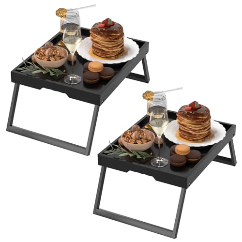 Bamboo Bed Tray Tables with Folding Legs, Medium, 2-Pack, Black | Two FSC-certified bamboo bed trays with folding legs, handles and raised edges for meals, laptops, reading and serving. - color: Black, size: Medium - 2pc