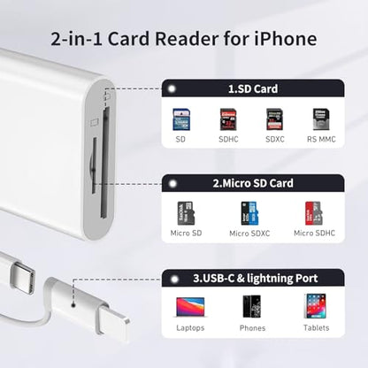 SD Card Reader for iPhone iPad, Support SD/MicroSD Cards | Portable High-Speed Digital Trail Game Camera to iPhone Viewer,Dual Connector Memory SD Card Adapter for iPad No App Required - size: 2-slots