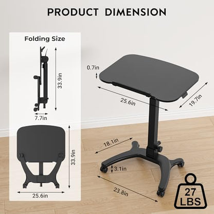 BONTEC Mobile Foldable Standing Desk, Portable Adjustable Height Desk with Gas Spring, Small Rolling Laptop Desk with Wheels for Home, Office, Bedroom, and Medical Use, 25.6" x 19.7" Desktop, Black - color: Black