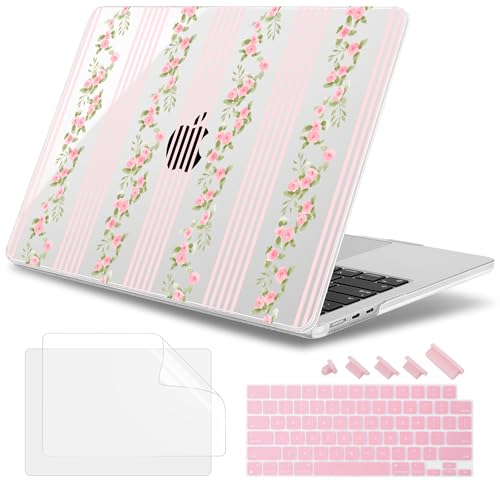 May Chen for MacBook Air 15 inch Case M5 M4 M3 M2 2026 2024-2023, Model A3448 A3241 A3114 A2941, Closes Seamlessly Hard Shell Laptop Cover with Keyboard Cover, Flora & Stripes - color: Flora & stripes