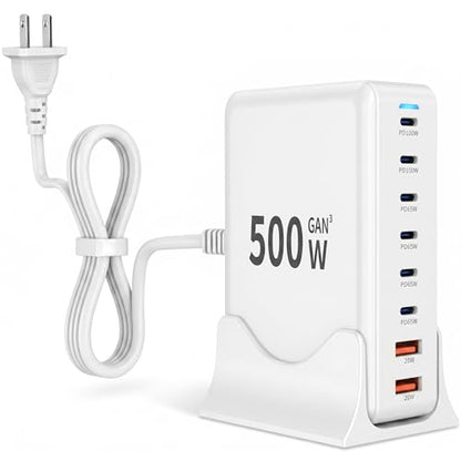 500W USB C Charger Block Charging Station,GaN3 8-Port Fast Charger Block with Dual PD 100W USBC Fast Charging Station Desktop Hub Compatible with iPhone 17 16 15 14/Pro Max/MacBook Pro/Air/iPad(White) - color: White-B