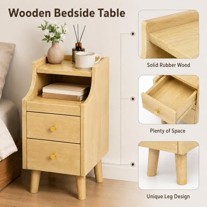 POWERSTONE Narrow Nightstand with 2 Drawers Set of 2, Solid Wood Bedside Table with Pull Out Tray & Cable Hole & Slots, Slim End Side Table for Small Spaces Bedroom, Living Room, Natural - color: Natural