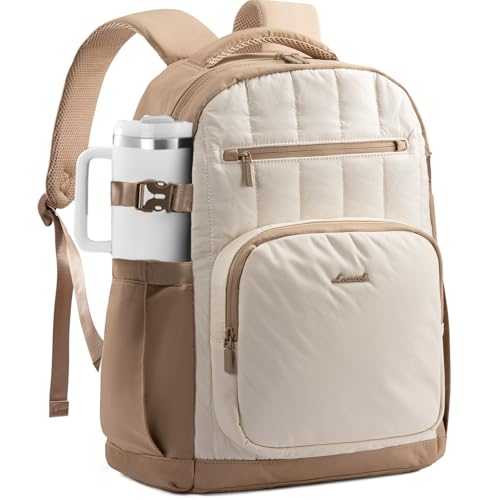 LOVEVOOK Laptop Backpack for Women with Giant Tumbler Holder Pocket,15.6 Inch Puffer Travel College Work Backpack Purse for Teacher Nurse,Waterproof Laptop Bag Computer Back Pack Daypack,White-Khaki - color: Off-white - Khaki, size: 15.6 Inch