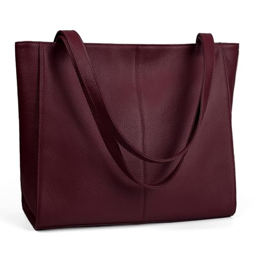 befen Genuine Leather Tote Bag for Women Work Travel Leather Purse Handbags | Real Leather, Padded 14" Laptop Compartment, Multi-Pockets, Zipper, Tote Bag for Daily - color: Burgundy Red