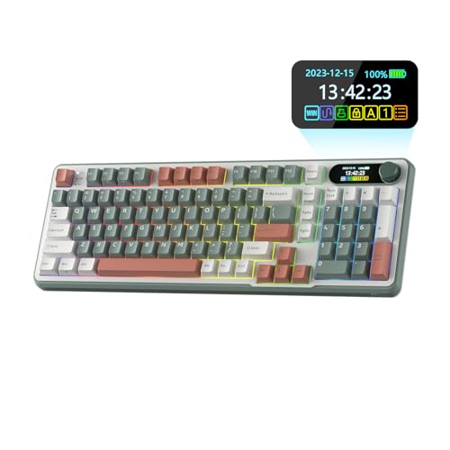 RK ROYAL KLUDGE S98 Mechanical Keyboard w/Smart Display & Knob, Top Mount 96% Wireless Mechanical Keyboard BT/2.4G/USB-C, Hot Swappable, Software Support, Creamy Sounding, 98 Keys - color: Clay Green, size: Linear Cream Switch