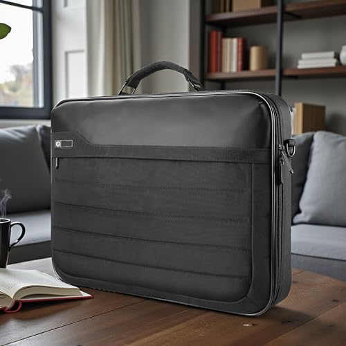 Vangoddy 12-13 Inch Laptop Meeting Bag, Hard Shell Nylon Briefcase Opens Flat, Padded Device Compartment, Front Organizer Pocket, Luggage Strap, Water Resistant, Black