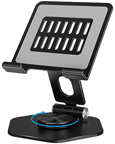 Tablet Stand, Aluminum Desktop Holder, Compatible with 5-12.9" iPad, Black | 360° Swivel Adjustable Viewing Angles; Sturdy All-Aluminum Design Improve heat dissipation; Foldable and Storage; - color: Black