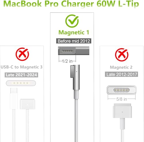 Mac Book Pro Charger 60W L-Tip Mag 1 Power Adapter for 13" Before Mid 2012 | Mag-netic 1 Charger Fast Charger Compatible with old Ma Book Pro 13" A1278, A1181, A1342, A1370, A1369 Before Mid 2012 Models