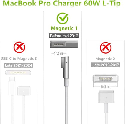 Mac Book Pro Charger 60W L-Tip Mag 1 Power Adapter for 13" Before Mid 2012 | Mag-netic 1 Charger Fast Charger Compatible with old Ma Book Pro 13" A1278, A1181, A1342, A1370, A1369 Before Mid 2012 Models