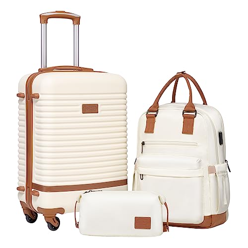Coolife Suitcase Set 3 Piece Luggage Set Carry On Travel Luggage TSA Lock Spinner Wheels Hardshell Lightweight Luggage Set(White, 3 piece set (BP/TB/20)) - color: White, size: 3 piece set (BP/TB/20)