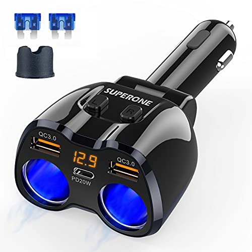 Cigarette Lighter Splitter, SUPERONE 180W 2-Socket Adapter with PD USB-C | Dual QC3.0 & 20W USB C Car Charger, 2026 Upgraded Cigarette Lighter Adapter for GPS/Dash Cam/Laptop/iPad/iPhone17/16/15/14/13 - color: Black