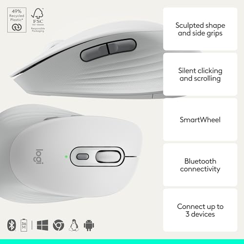 Logitech Signature Comfort M840 L Wireless Mouse, Bluetooth Mouse with Silent Clicks, SmartWheel, Customizable Buttons, Multi-Device Compatibility for Windows, MacOS, iPadOS - Off White - color: Off White, style: No Palm Cushion