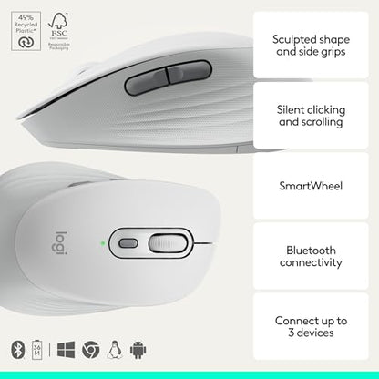 Logitech Signature Comfort M840 L Wireless Mouse, Bluetooth Mouse with Silent Clicks, SmartWheel, Customizable Buttons, Multi-Device Compatibility for Windows, MacOS, iPadOS - Off White - color: Off White, style: No Palm Cushion