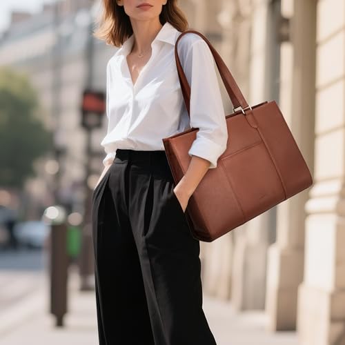 befen Genuine Leather Tote Bag for Women Work Travel Leather Purse Handbags | Real Leather, Padded 14" Laptop Compartment, Multi-Pockets, Zipper, Tote Bag for Daily - color: Z2-cognac Brown