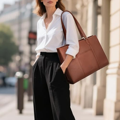 befen Genuine Leather Tote Bag for Women Work Travel Leather Purse Handbags | Real Leather, Padded 14" Laptop Compartment, Multi-Pockets, Zipper, Tote Bag for Daily - color: Z2-cognac Brown