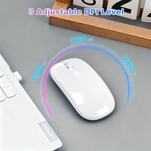 Wireless Bluetooth Mouse Rechargeable Long Lasting Dual Mode - BT 5.2 & 2.4G Silent RGB LED Mice, Slim Portable Ergonomic Mouse for Laptop/PC/Tablet/MacBook/iPad/Apple Devices(White) - color: White