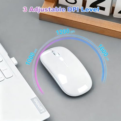 Wireless Bluetooth Mouse Rechargeable Long Lasting Dual Mode - BT 5.2 & 2.4G Silent RGB LED Mice, Slim Portable Ergonomic Mouse for Laptop/PC/Tablet/MacBook/iPad/Apple Devices(White) - color: White