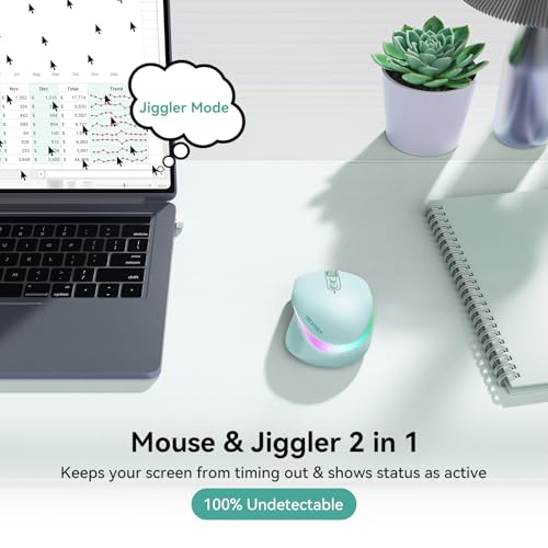 TECKNET Wireless Mouse Jiggler, Rechargeable Mouse with Built-in Mouse Mover, 6 Adjustable DPI & 14 LED Modes, Silent Click, Undetectable Random Movement Keeps Computer Awake for Laptop/PC/Mac- Green - color: Green