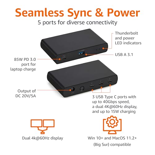 Amazon Basics Thunderbolt 4 Docking Station, Dual 4K@60Hz Display Support, 85W Power Delivery, 3X Downstream TBT4, 1xUSB A 3.1, Mac/Windows Compatible, Black, 4.76 x 2.84 x 0.86 inches - size: ‎4.76 x 2.84 x 0.86 inches