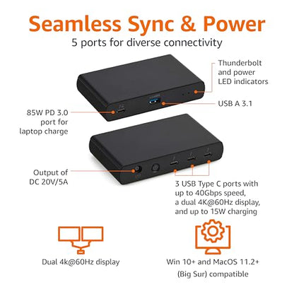 Amazon Basics Thunderbolt 4 Docking Station, Dual 4K@60Hz Display Support, 85W Power Delivery, 3X Downstream TBT4, 1xUSB A 3.1, Mac/Windows Compatible, Black, 4.76 x 2.84 x 0.86 inches - size: ‎4.76 x 2.84 x 0.86 inches